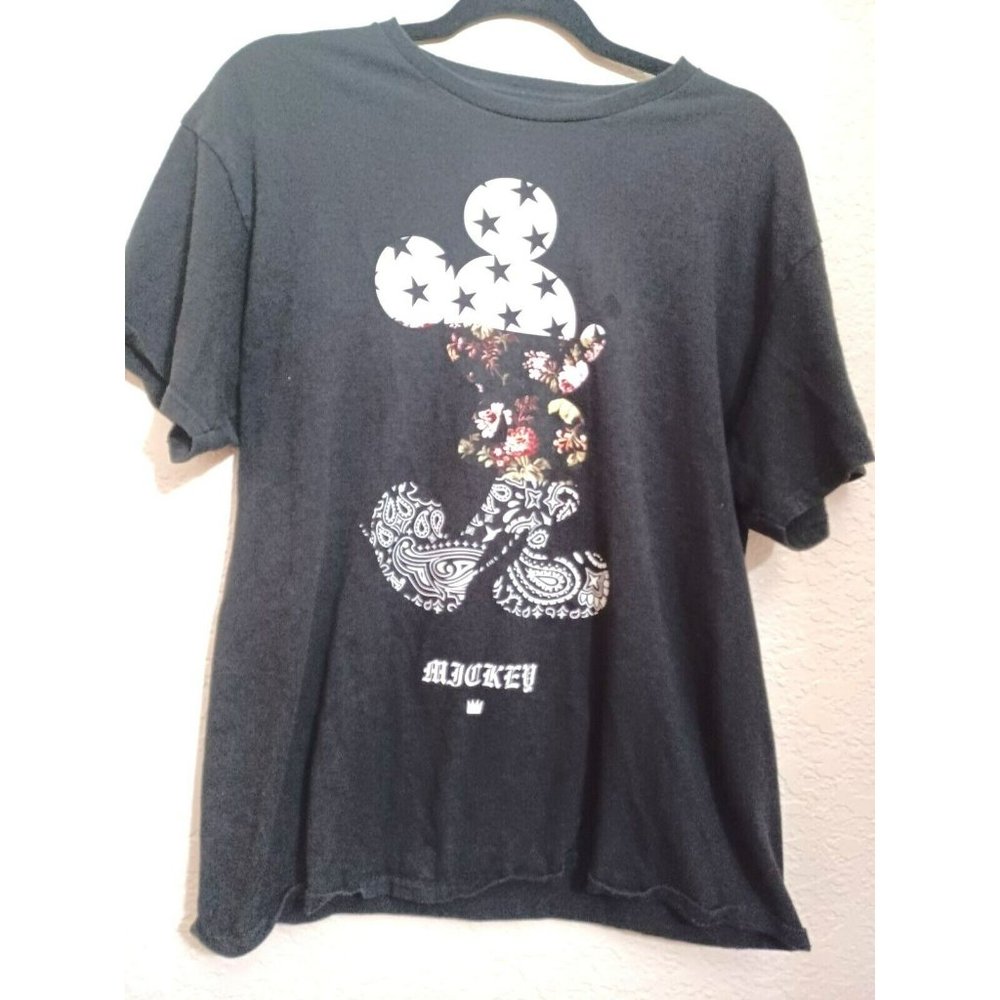 DISNEY Collection Neff Mens Black Mickey Mouse Graphic Floral Stars T Shirt Sz L